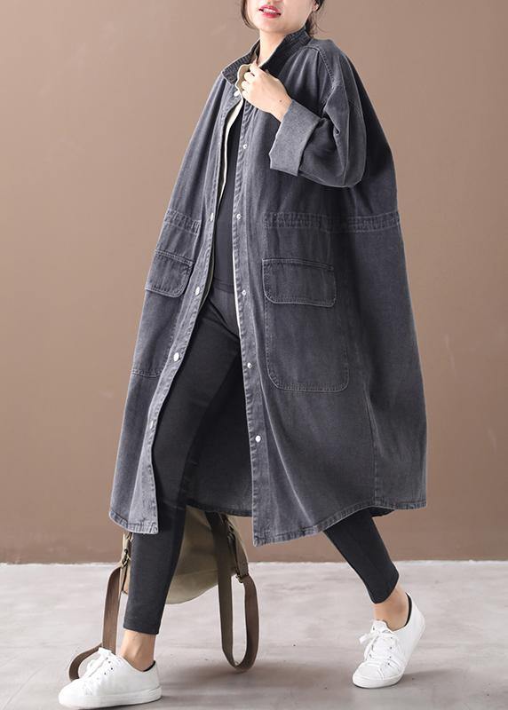 Simple Stand Collar Drawstring Tunic Coat Denim Black Midi Coats