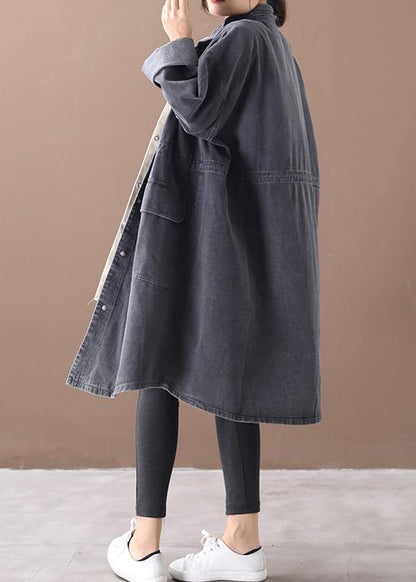 Simple Stand Collar Drawstring Tunic Coat Denim Black Midi Coats