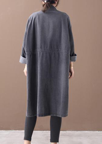 Simple Stand Collar Drawstring Tunic Coat Denim Black Midi Coats
