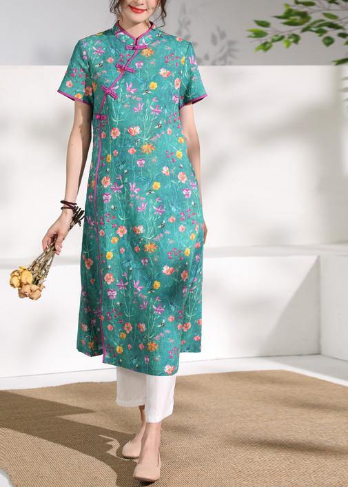 Simple Stand Collar Patchwork Linen Wardrobes Design Green Print Dresses