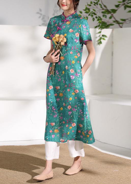 Simple Stand Collar Patchwork Linen Wardrobes Design Green Print Dresses