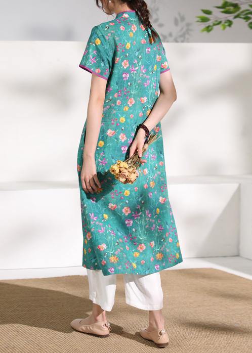 Simple Stand Collar Patchwork Linen Wardrobes Design Green Print Dresses