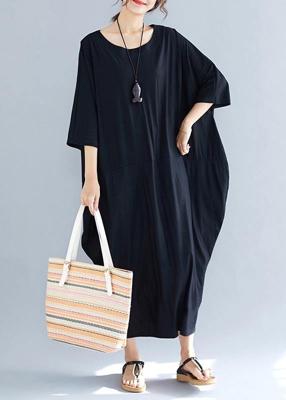 Simple Summer Cotton Dress O Neck Loose Black Dresses