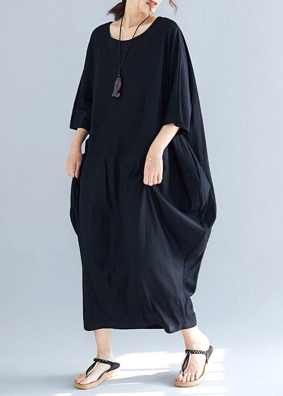 Simple Summer Cotton Dress O Neck Loose Black Dresses