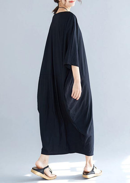 Simple Summer Cotton Dress O Neck Loose Black Dresses