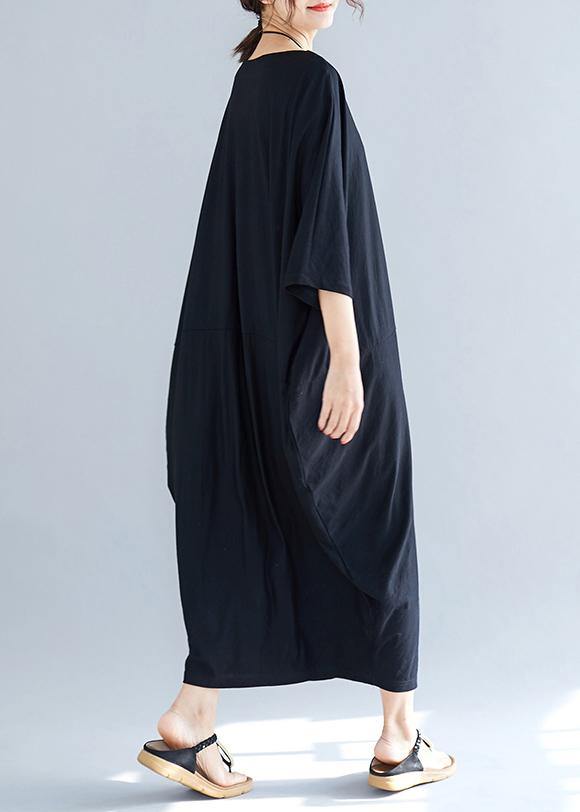 Simple Summer Cotton Dress O Neck Loose Black Dresses