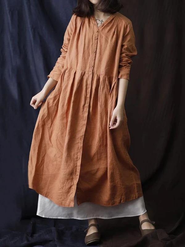 Simple V Neck Button Down Cotton Linen Spring Dresses Red Long Dress