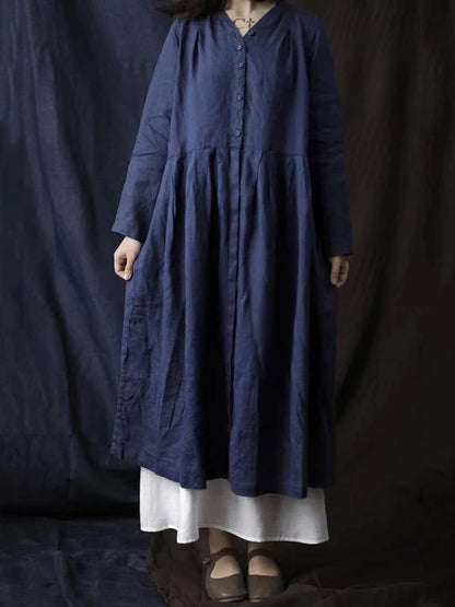 Simple V Neck Button Down Cotton Linen Spring Dresses Red Long Dress