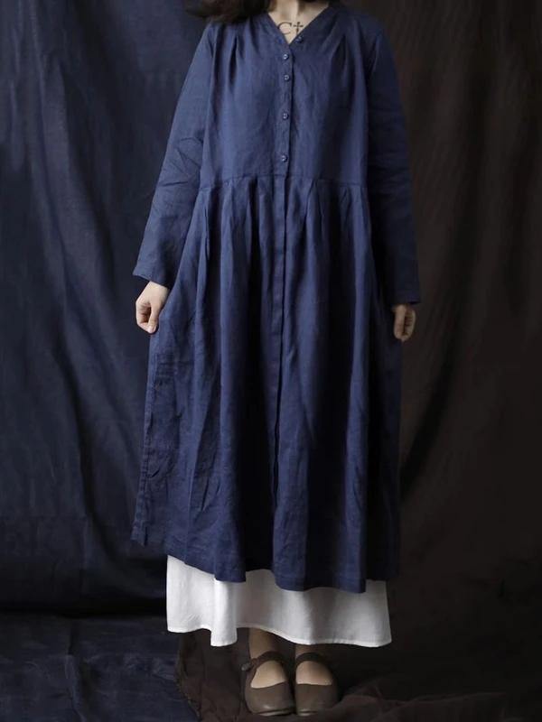 Simple V Neck Button Down Cotton Linen Spring Dresses Red Long Dress