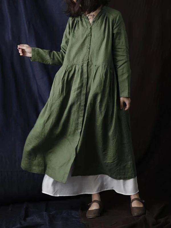 Simple V Neck Button Down Cotton Linen Spring Dresses Red Long Dress
