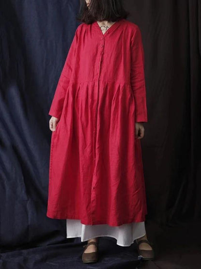 Simple V Neck Button Down Cotton Linen Spring Dresses Red Long Dress