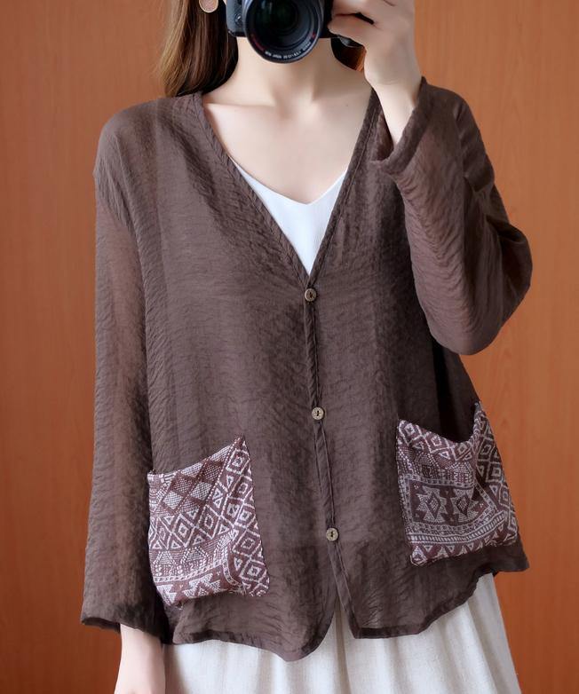 Simple v neck Button Down top Christmas Gifts chocolate tops