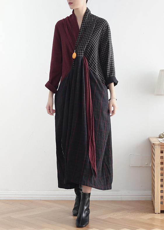 Simple V Neck Asymmetric Linen Dresses Wardrobes Red Patchwork Black Dresses Fall
