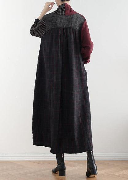 Simple V Neck Asymmetric Linen Dresses Wardrobes Red Patchwork Black Dresses Fall