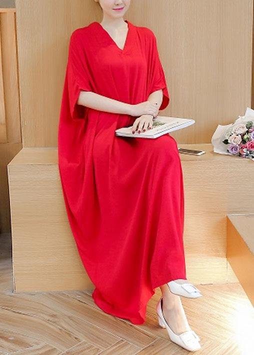 Simple V Neck Baggy Cotton Summer Quilting Dresses Runway Rose Maxi Dress
