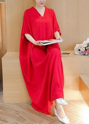 Simple V Neck Baggy Cotton Summer Quilting Dresses Runway Rose Maxi Dress