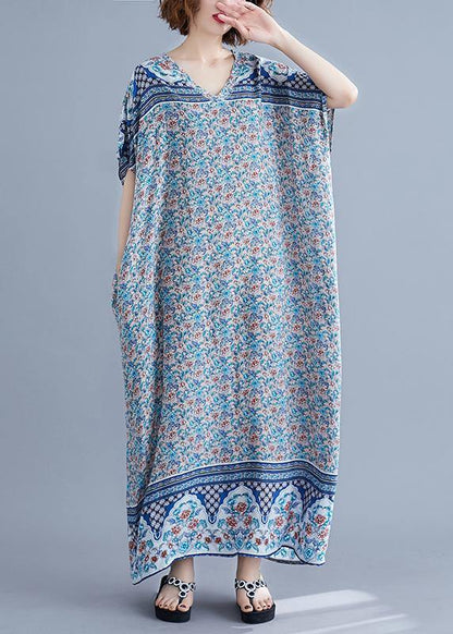 Simple V Neck Batwing Sleeve Dresses Blue Art Dress Summer