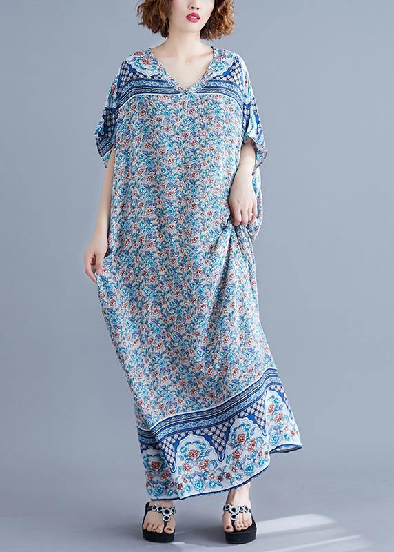 Simple V Neck Batwing Sleeve Dresses Blue Art Dress Summer