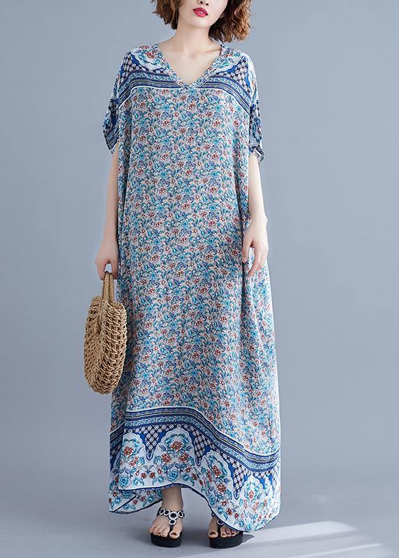 Simple V Neck Batwing Sleeve Dresses Blue Art Dress Summer