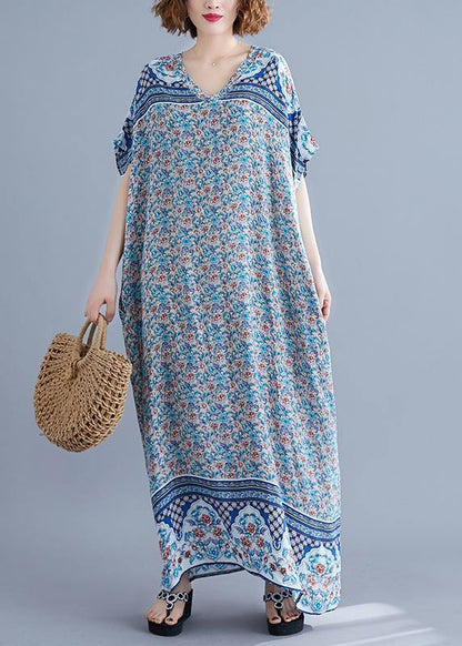 Simple V Neck Batwing Sleeve Dresses Blue Art Dress Summer