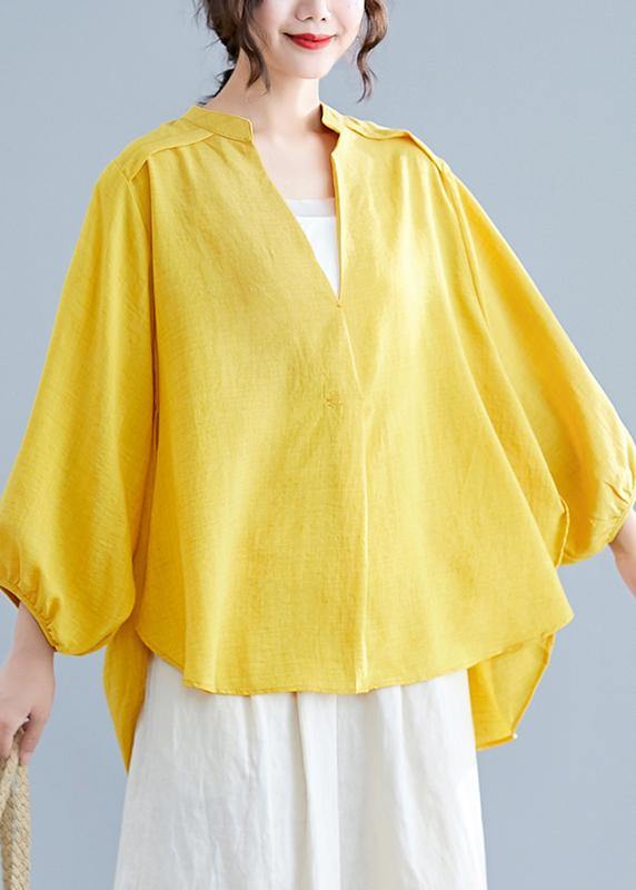 Simple V Neck Batwing Sleeve Linen Crane Tops Yellow Oversized Blouses Summer