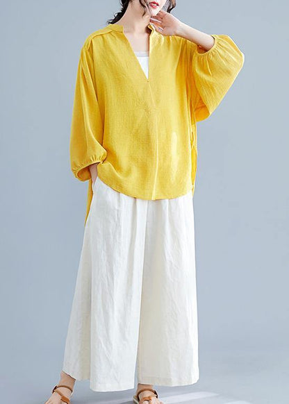 Simple v neck batwing sleeve linen crane tops yellow oversized blouses summer
