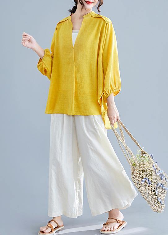Simple V Neck Batwing Sleeve Linen Crane Tops Yellow Oversized Blouses Summer
