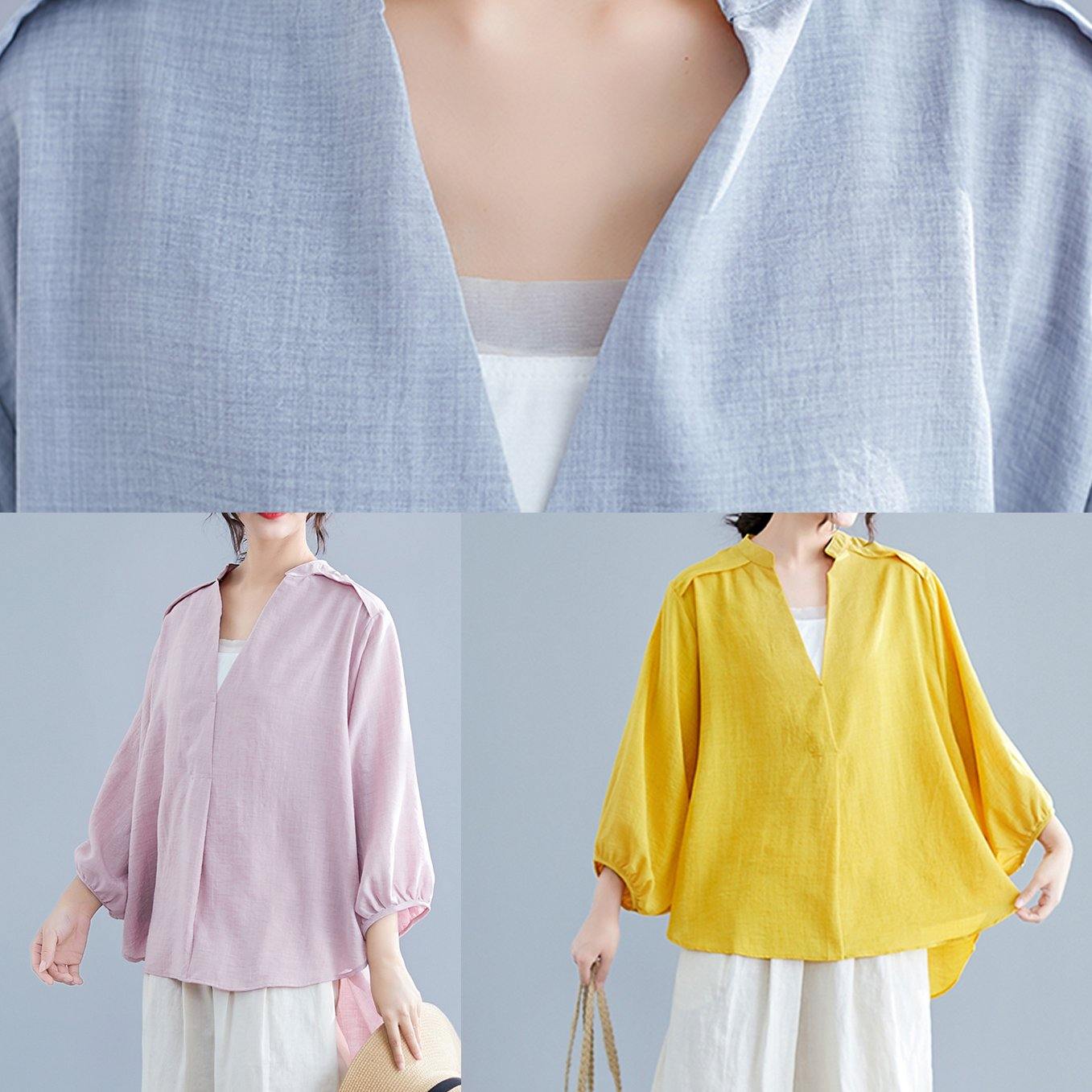 Simple v neck batwing sleeve linen crane tops yellow oversized blouses summer