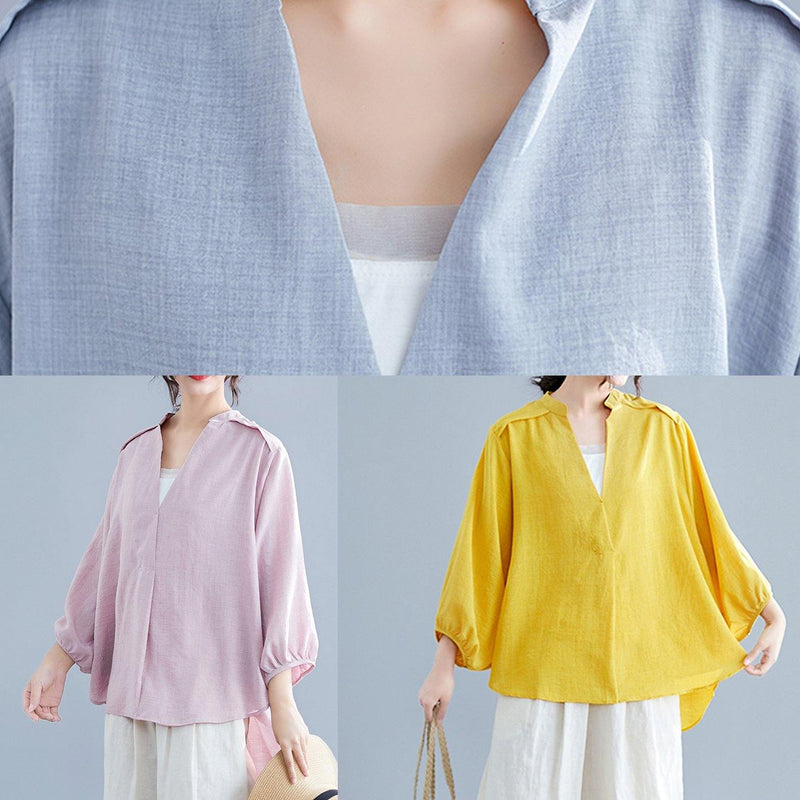Simple V Neck Batwing Sleeve Linen Crane Tops Yellow Oversized Blouses Summer