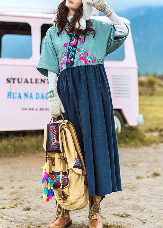 Simple V Neck Cotton Embroidery Clothes Tutorials Blue Art Dresses