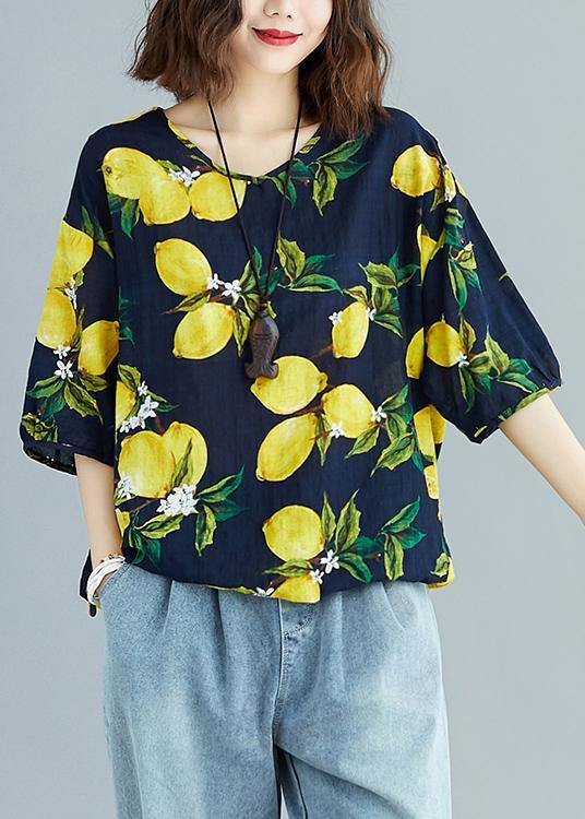 Simple V Neck Cotton Linen Summer Linen Tops Yellow Prints Midi Blouses