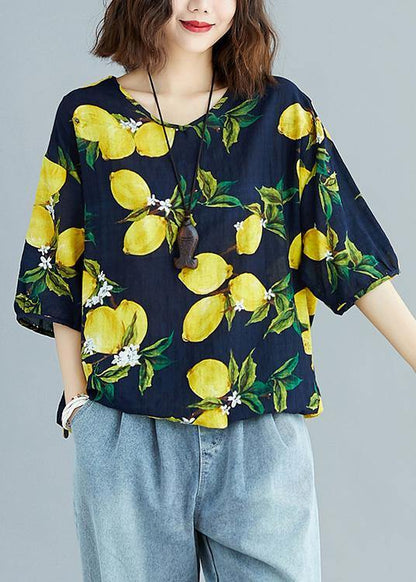 Simple V Neck Cotton Linen Summer Linen Tops Yellow Prints Midi Blouses