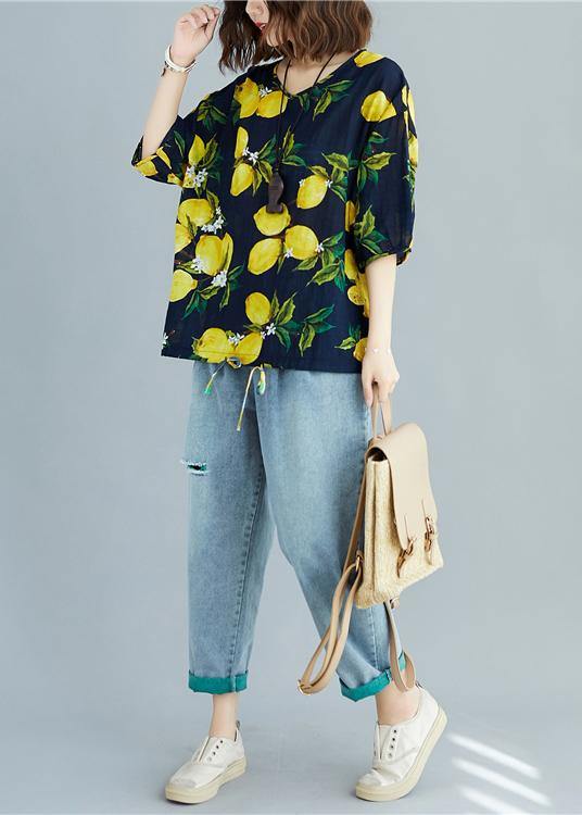 Simple V Neck Cotton Linen Summer Linen Tops Yellow Prints Midi Blouses