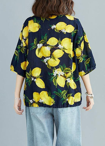 Simple V Neck Cotton Linen Summer Linen Tops Yellow Prints Midi Blouses