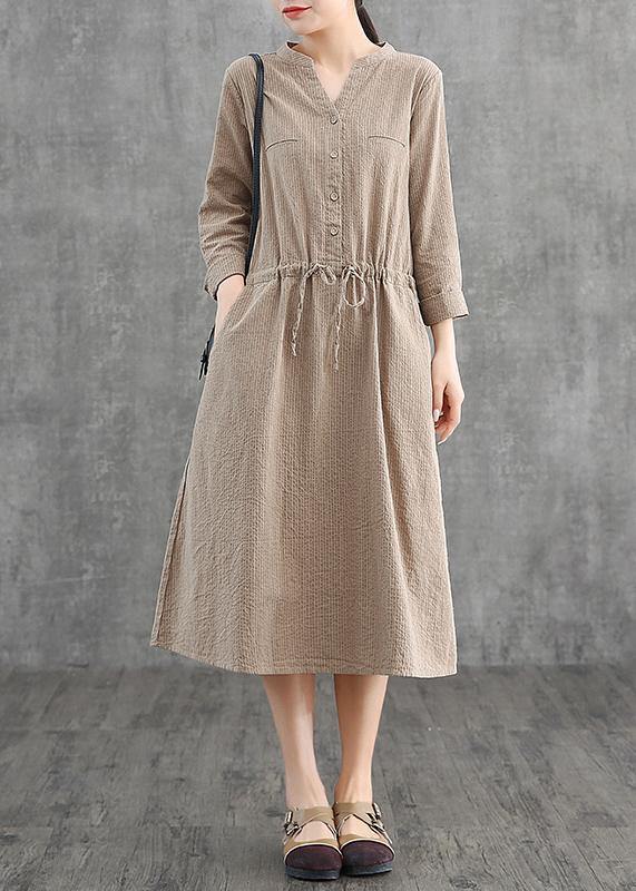 Simple V Neck Drawstring Cotton Soft Surroundings Neckline Khaki Striped Dress