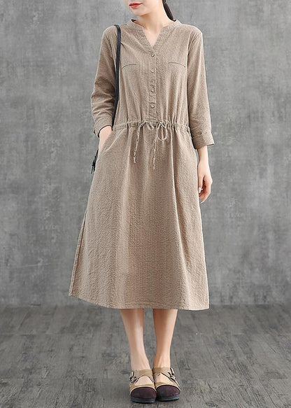 Simple V Neck Drawstring Cotton Soft Surroundings Neckline Khaki Striped Dress