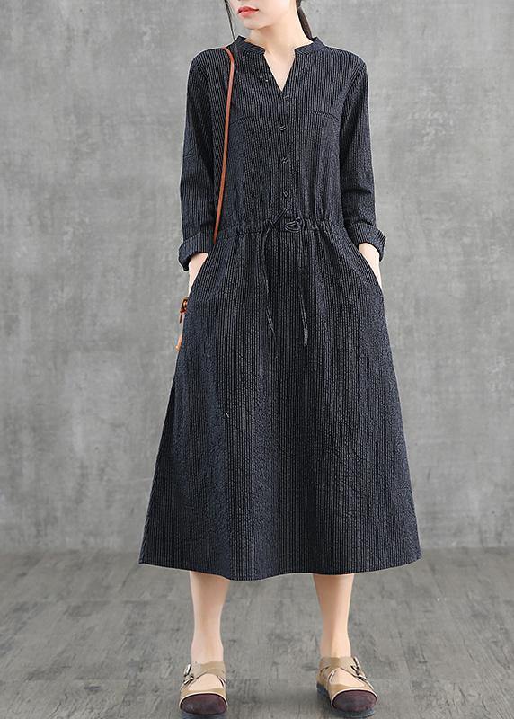 Simple V Neck Drawstring Cotton Soft Surroundings Neckline Khaki Striped Dress