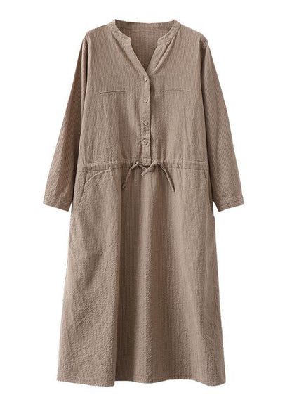 Simple V Neck Drawstring Cotton Soft Surroundings Neckline Khaki Striped Dress