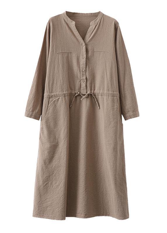 Simple V Neck Drawstring Cotton Soft Surroundings Neckline Khaki Striped Dress