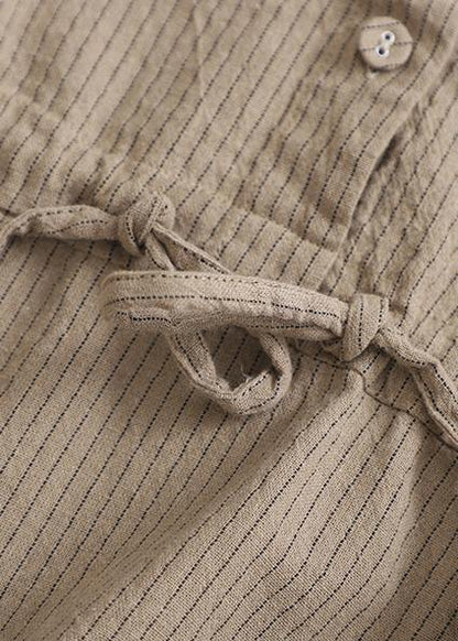 Simple V Neck Drawstring Cotton Soft Surroundings Neckline Khaki Striped Dress