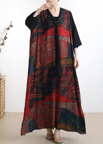 Simple V Neck Half Sleeve Chiffon Summer Robes Fine Wardrobes Red Print a Line Dress