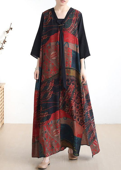 Simple V Neck Half Sleeve Chiffon Summer Robes Fine Wardrobes Red Print a Line Dress