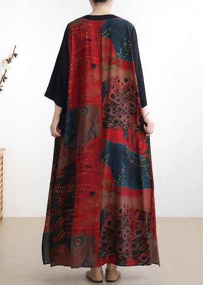 Simple V Neck Half Sleeve Chiffon Summer Robes Fine Wardrobes Red Print a Line Dress