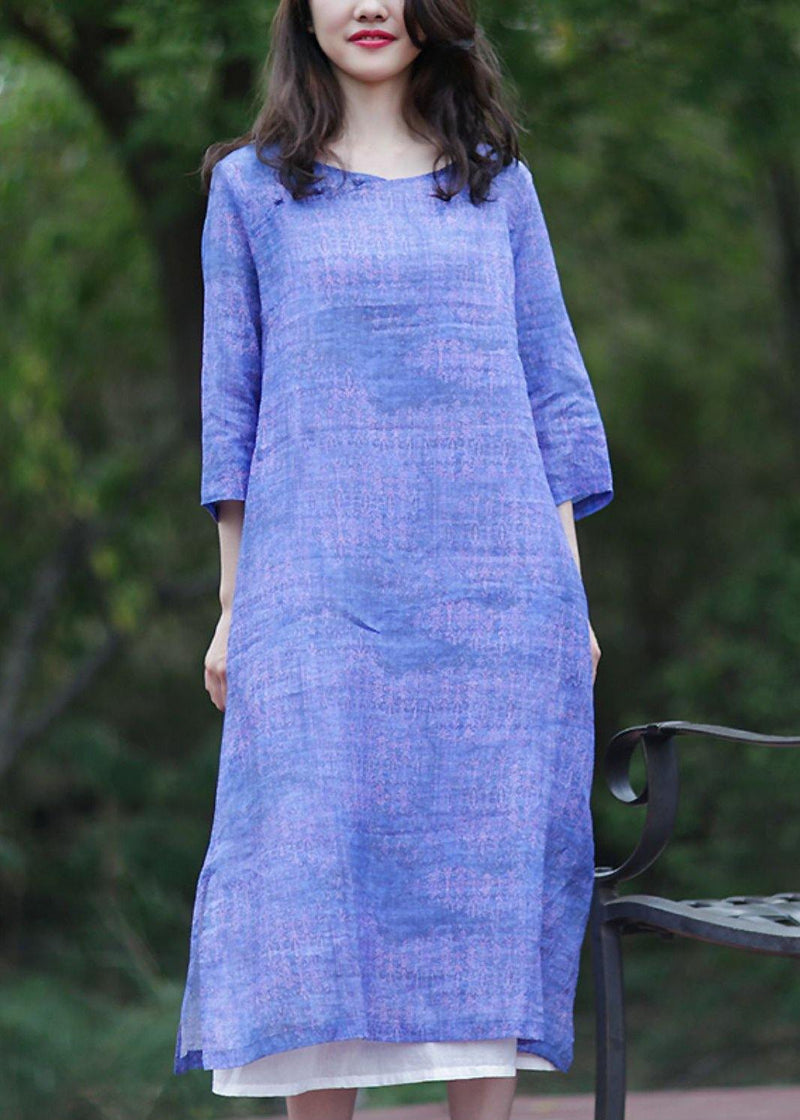 Simple V Neck Half Sleeve Cotton Dress Shirts Blue Dress