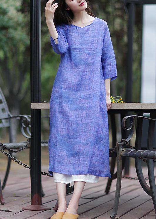 Simple V Neck Half Sleeve Cotton Dress Shirts Blue Dress