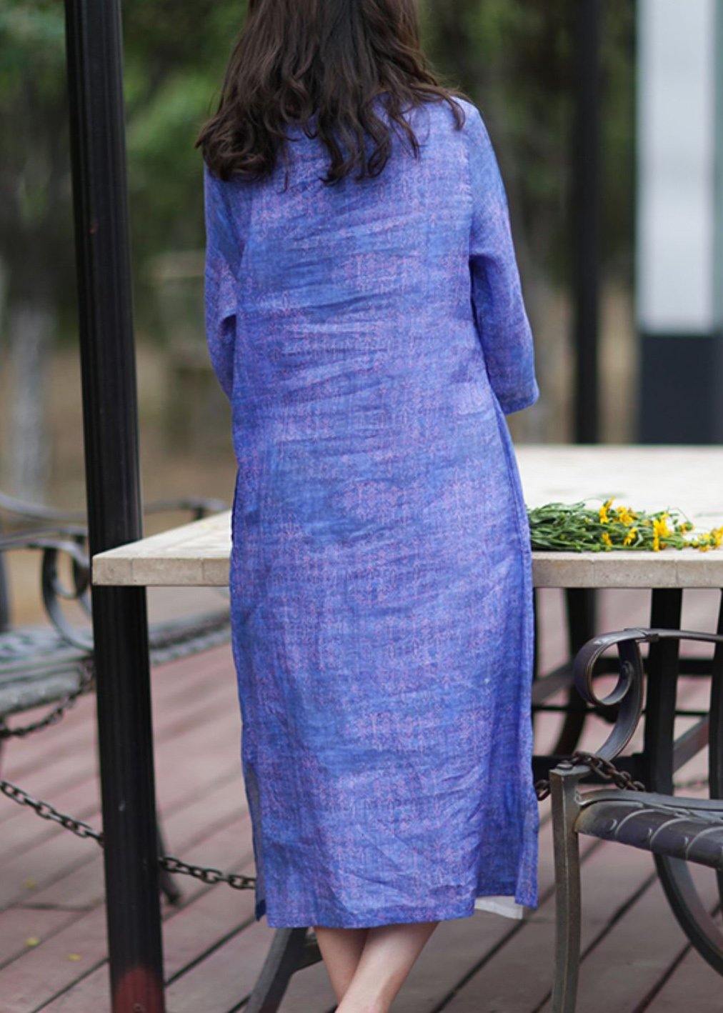Simple V Neck Half Sleeve Cotton Dress Shirts Blue Dress