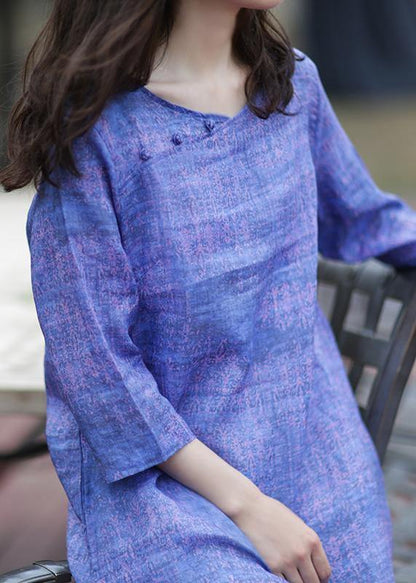 Simple V Neck Half Sleeve Cotton Dress Shirts Blue Dress