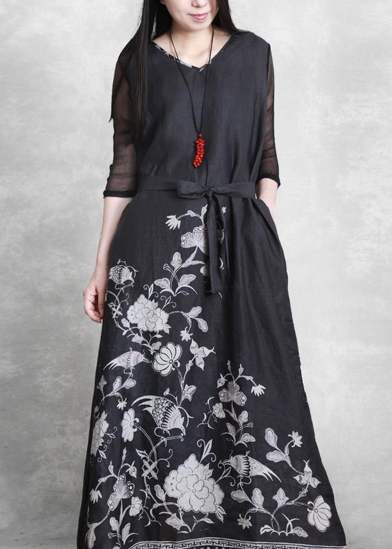 Simple V Neck Half Sleeve Summer Outfit Catwalk Black Print Dress
