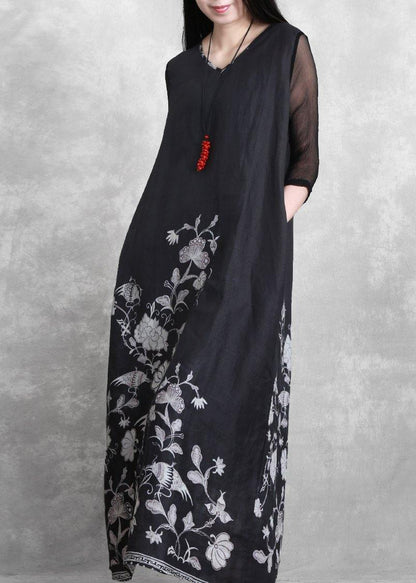 Simple V Neck Half Sleeve Summer Outfit Catwalk Black Print Dress