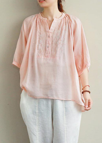 Simple V Neck Lantern Sleeve Linen Top Silhouette Ideas Pink Embroidery Shirt